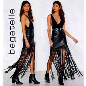 💋STUNNING💋 High Waist Asymmetrical Midaxi Fringe Leather Skirt in Black